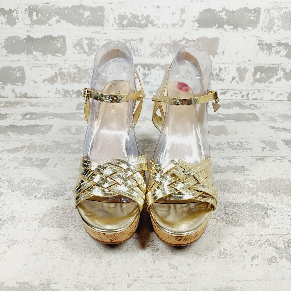 New Guess Project Gold Platform Cork Wedge Sandals B457 - Picture 8 of 13